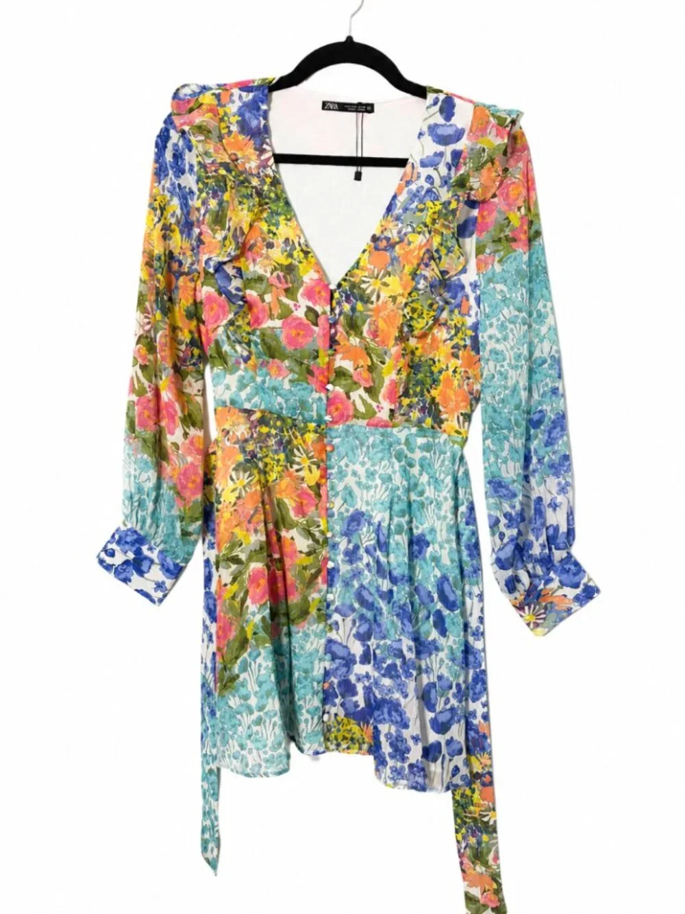 Zara Floral Patchwork Mini Dress with Ruffles & Tie Waist - Size Medium